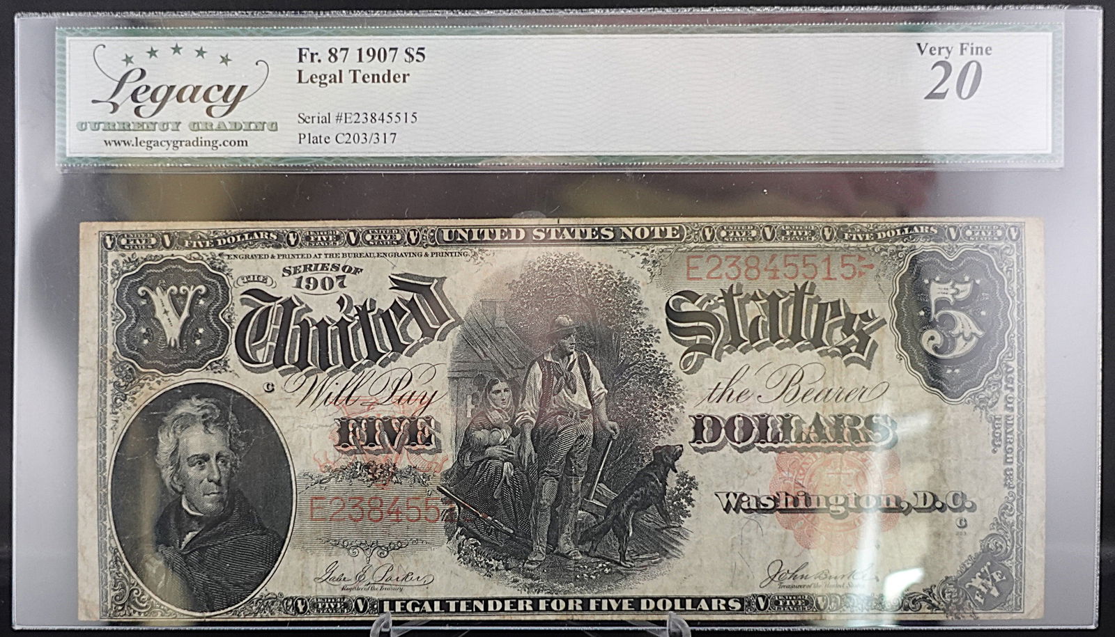 1907 $5 Legal Tender: This is a Great Wood Chopper Note! Graded Very Fine 20 High Estimate: 400Low Estimate: 300