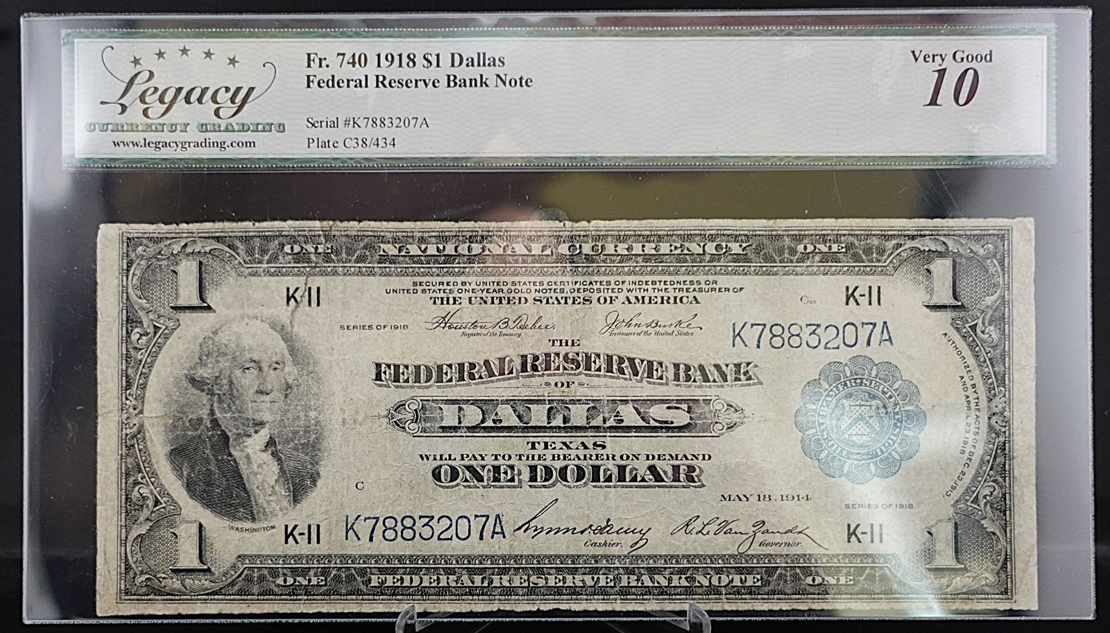 1918 $1 Dallas Federal Reserve Bank Note: Excellent Note! Graded Very Good 10 High Estimate: 300Low Estimate: 200