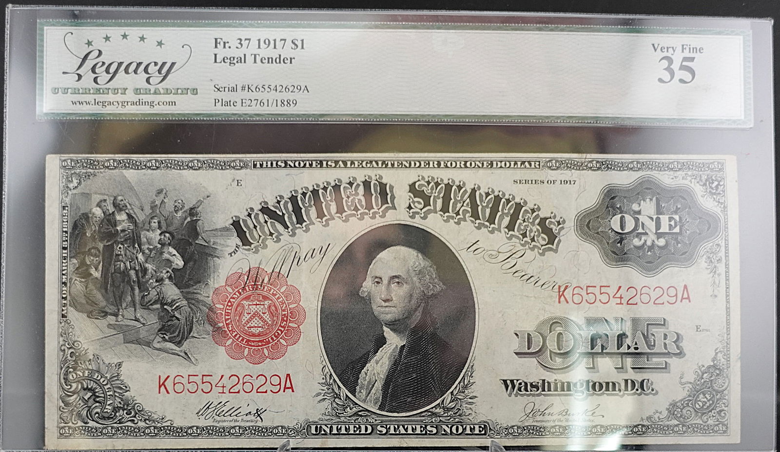 1917 $1 Legal Tender: Great Porthole Note! Graded Very Fine 35 High Estimate: 400Low Estimate: 300