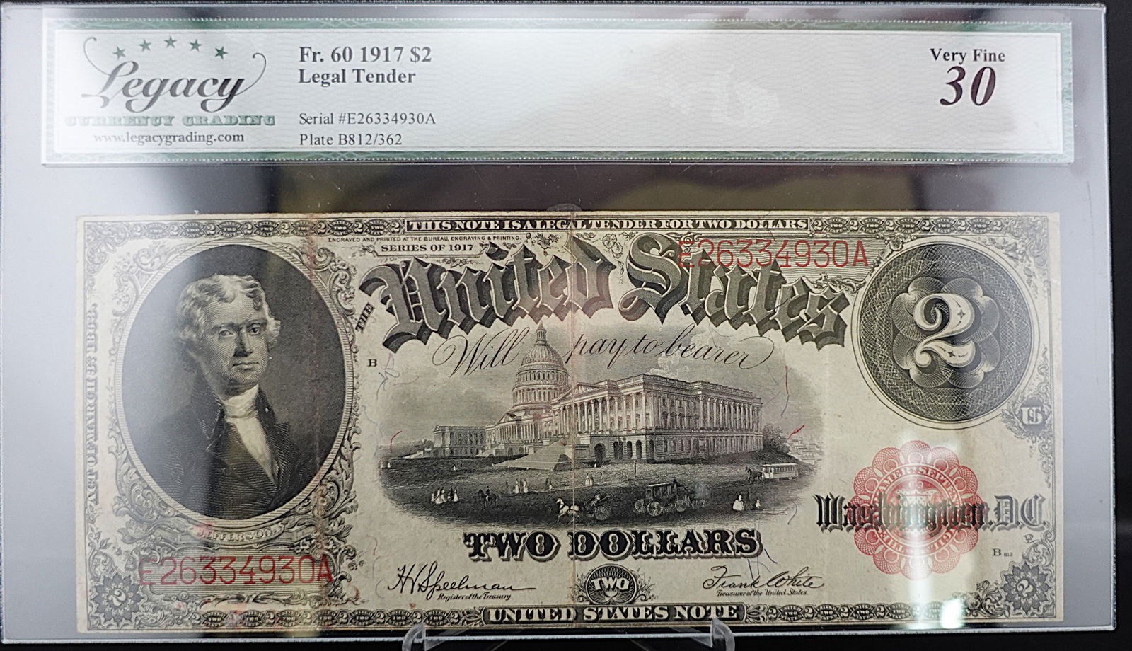 1917 $2 Legal Tender Note: Excellent Note! Graded Very Fine 30 High Estimate: 375Low Estimate: 275