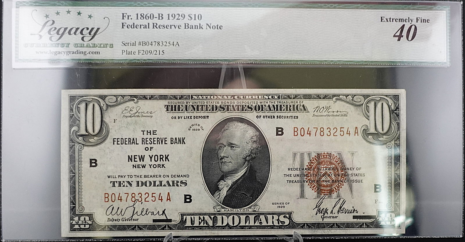 1929 $10 Federal Reserve Bank of New York, NY Note: Excellent Note! Graded Extremely Fine 40! High Estimate: 200Low Estimate: 175