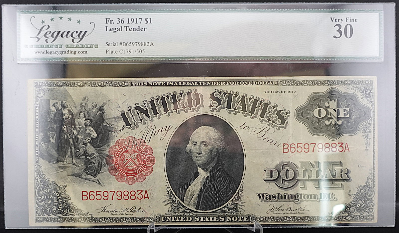 1917 $1 Legal Tender Note: Great Porthole Note! Graded Very Fine 30 High Estimate: 300Low Estimate: 225