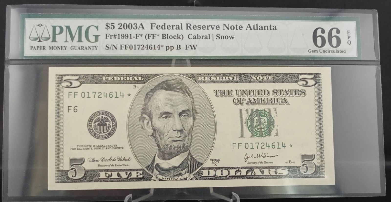 2008A $5 Star Note: This is Graded 66 Exceptional Paper Quality Gem Uncirculated High Estimate: 90Low Estimate: 60