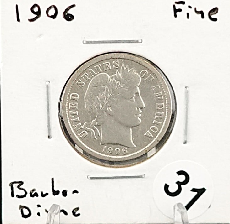 1906 Barber Dime: Great Details! 90% Silver! High Estimate: 30Low Estimate: 20