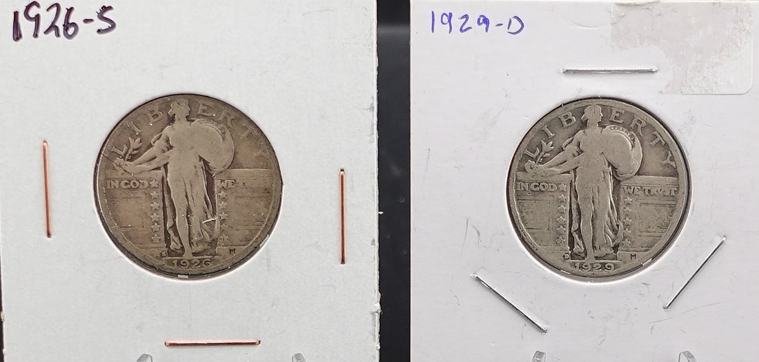 (2) Standing Liberty Quarters: The dates are 1926-S and 1929-D and both are Key Dates Low Estimate: 40High Estimate: 60