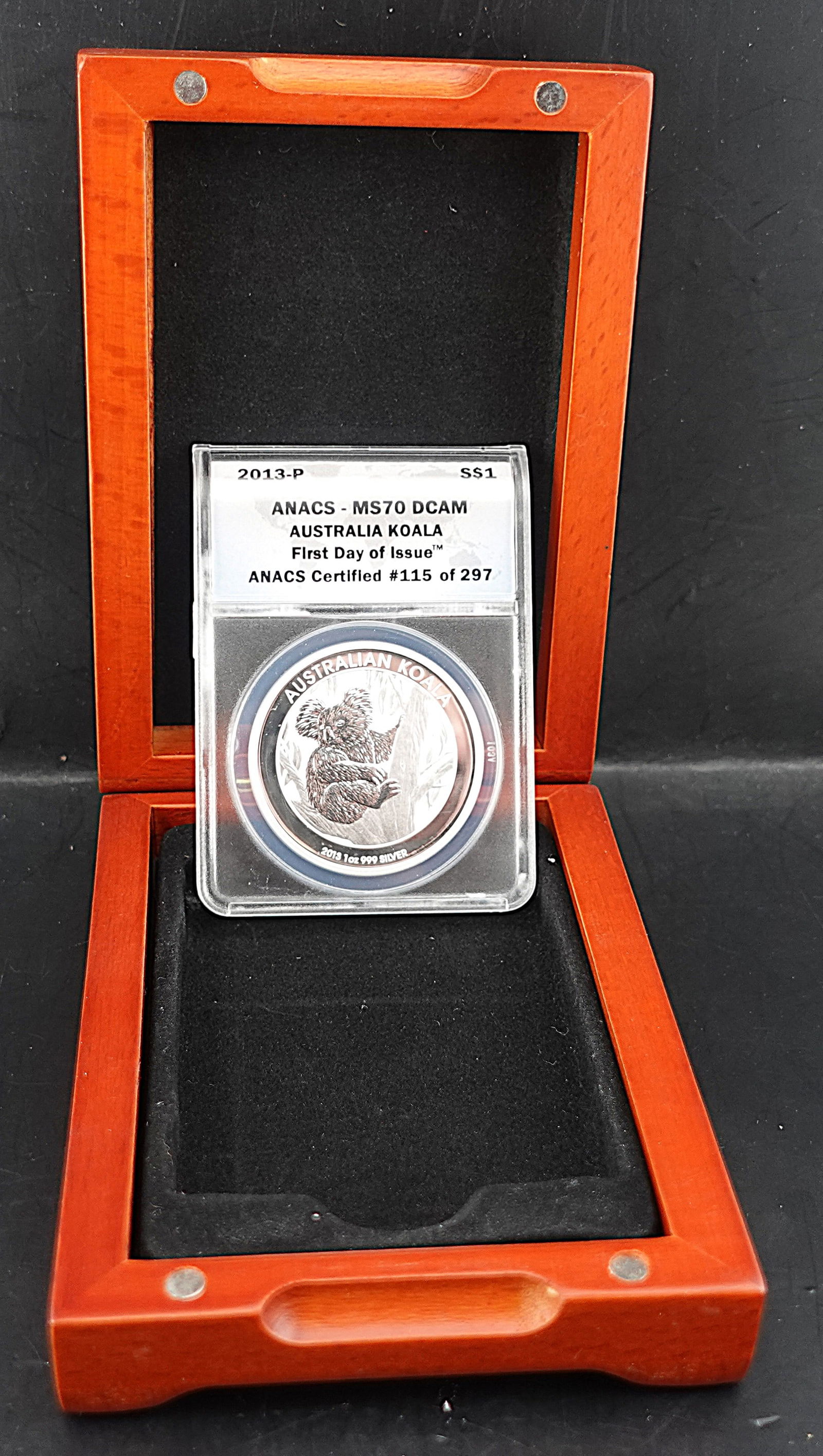 2013-P Australian Koala Silver Coin: This is Graded by NGC as Day of First Issue and graded MS70 DCAM! Low Estimate: 200High Estimate: 250