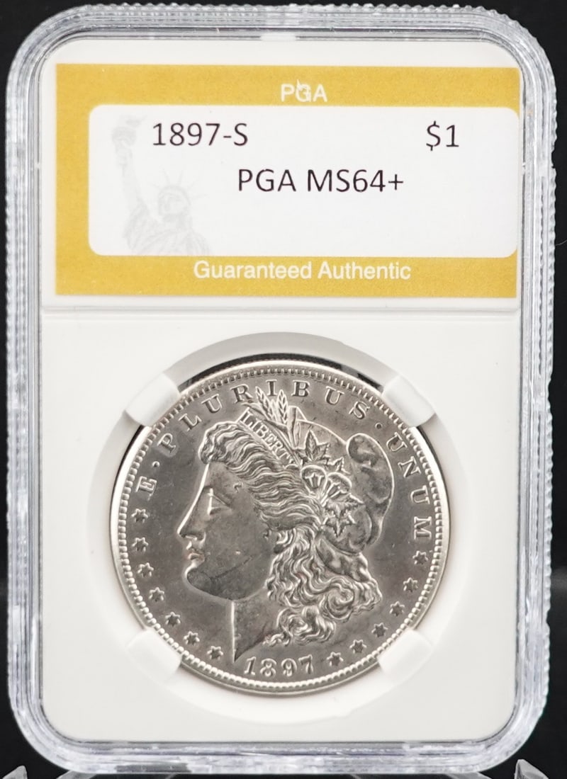 1897-S Morgan Dollar: This is PGA Graded MS-64+. Nice coin and Great Details! Low Estimate: 120.00High Estimate: 150.00