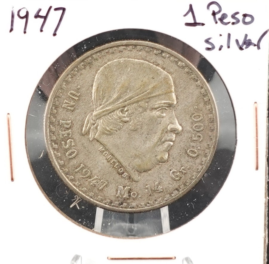 1947 Mexico 1 Peso Silver Coin: This is 50% Silver and weighs 14g High Estimate: 50Low Estimate: 30