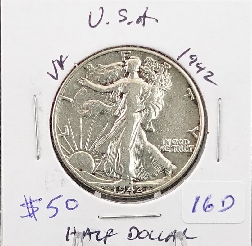 1942 Walking Liberty Half Dollar: Excellent coin! 90% Silver High Estimate: 50Low Estimate: 44