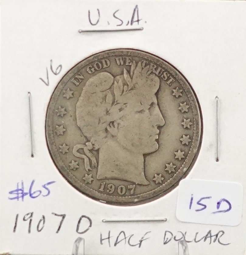 1907-D Barber Half Dollar: Excellent Coin! Great Details and Mint Mark! Low Estimate: 54 High Estimate: 60