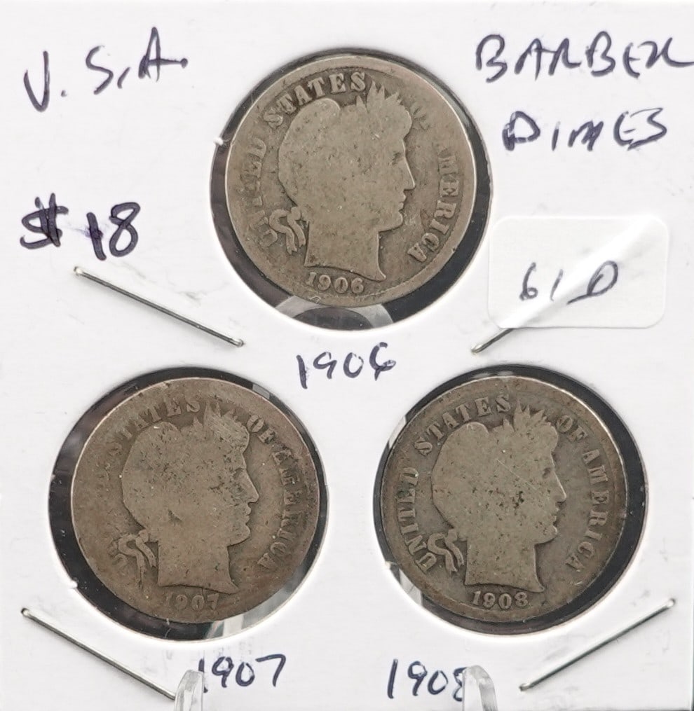 (3) Barber Dimes 1906, 1907 and 1908 (1 of 2)