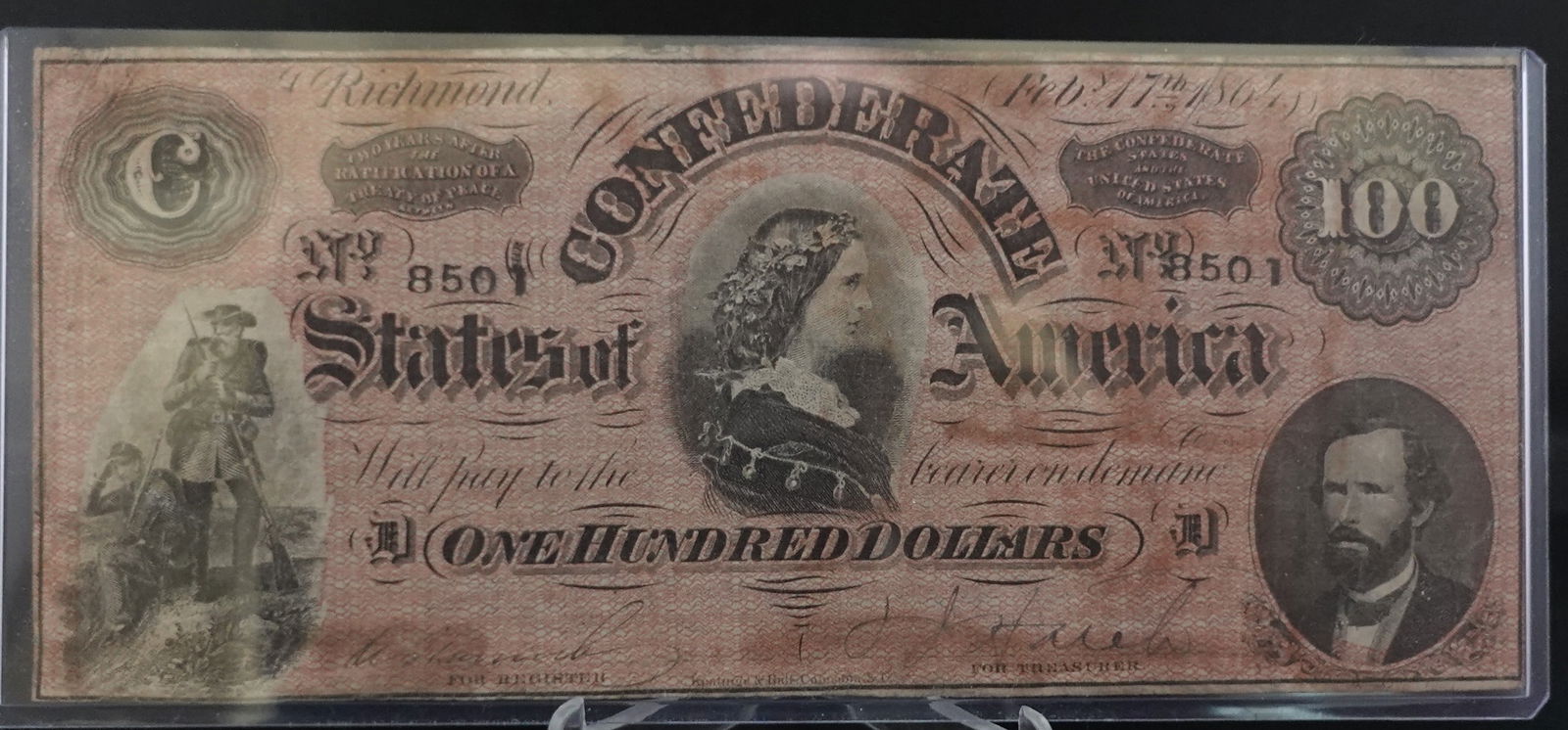 Confederate $100 Bill: Very nice Note! Great Details and Color! High Estimate: 300 Low Estimate: 200