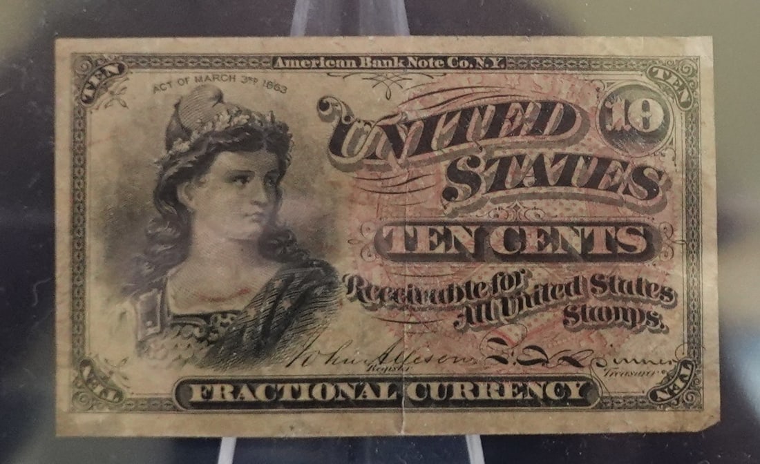 1863 10 Cent Fractional Note: Great Color and Cut! Great Corners! Low Estimate: 80High Estimate: 100