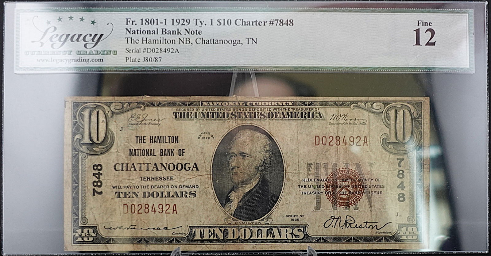 1929 Type 1 The Hamilton National Bank of Chattanooga, TN $10 Note: Nice Note! Graded Fine 12 Low Estimate: 150 High Estimate: 200
