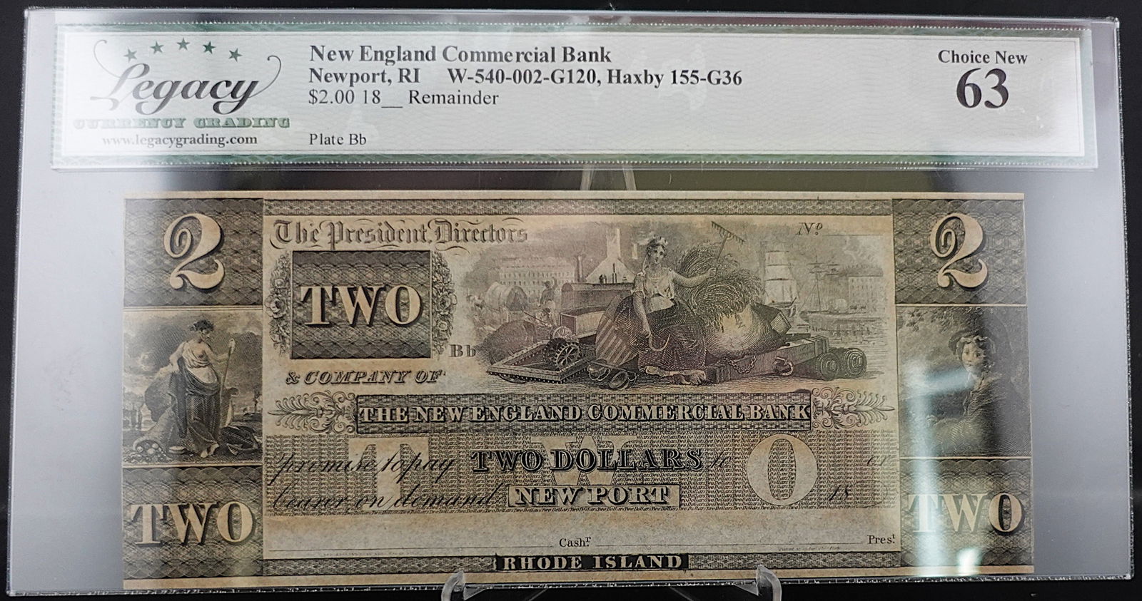 1800's New England Commercial Bank, New Port RI $2 Note: High Grade and Great Details! Graded Choice New 63! High Estimate: 300Low Estimate: 250