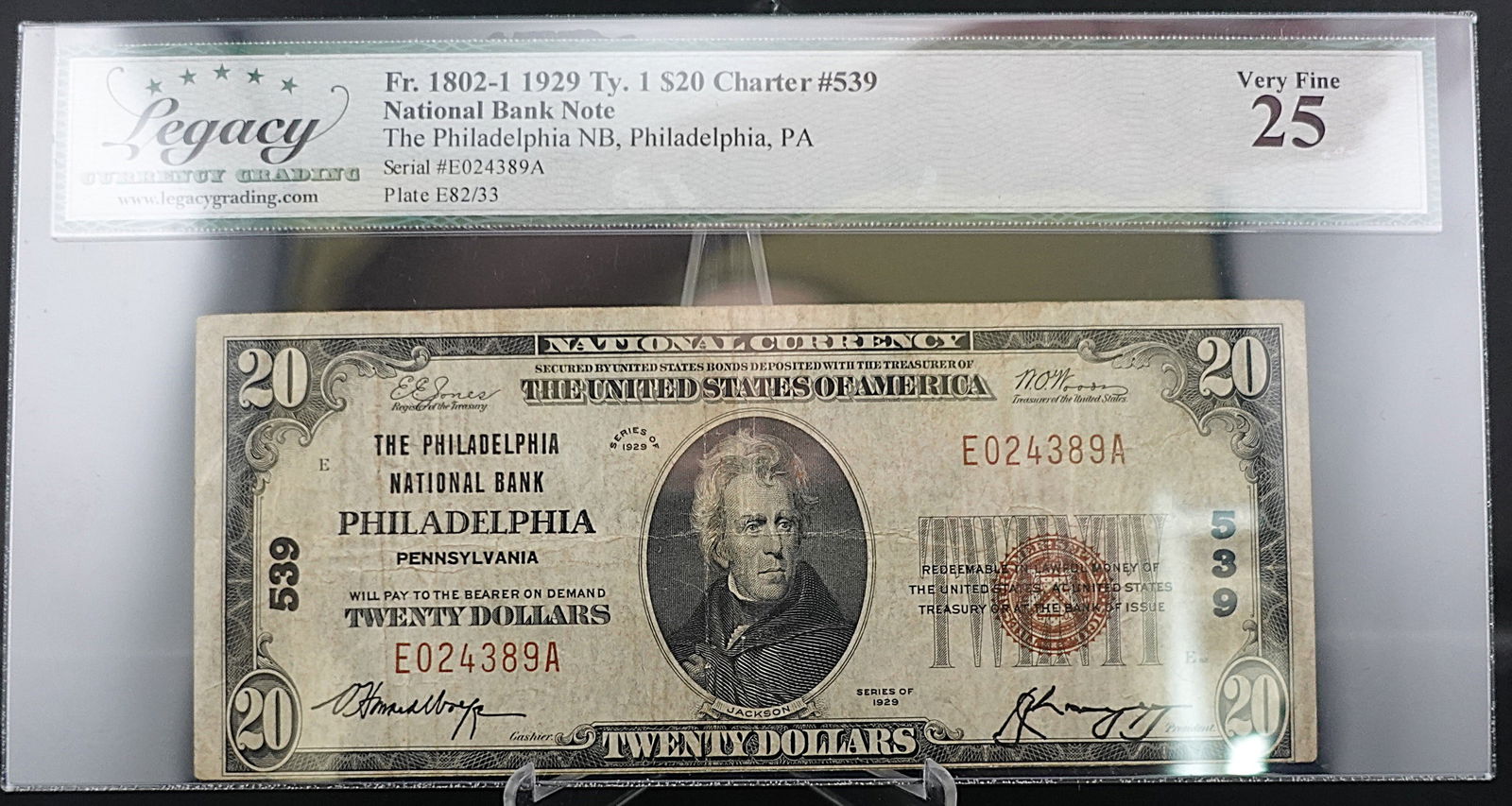 1929 Type 1 Philadelphia National Bank Philadelphia, PA $20 Note: Great Note and Great Details! Graded Very Fine 25 Low Estimate: 150 High Estimate: 200