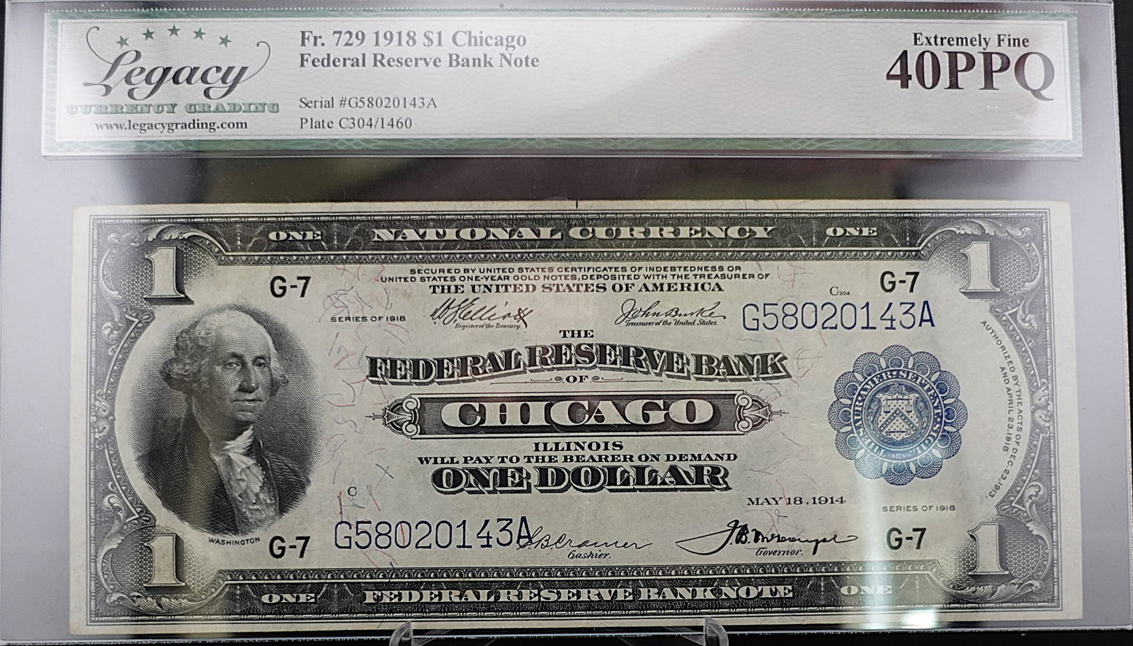 1918 Chicago Federal Reserve Bank $1Note: High Grade! Excellent Note! Graded Extremely Fine 40 (Premium Paper Quality) High Estimate: 400 Low Estimate: 300