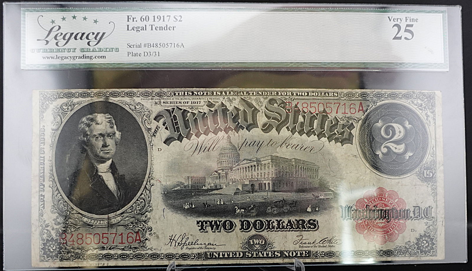 1917 $2 Legal Tender Note: Great Note! Graded Very Fine 25 High Estimate: 300 Low Estimate: 200