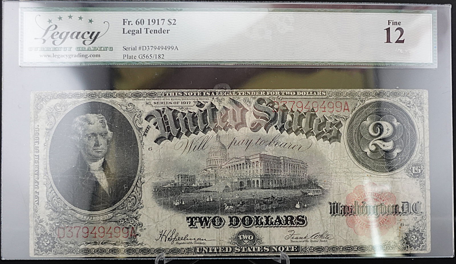 1917 $2 Legal Tender Note: Great Note! Graded Fine 12 Low Estimate: 150 High Estimate: 200