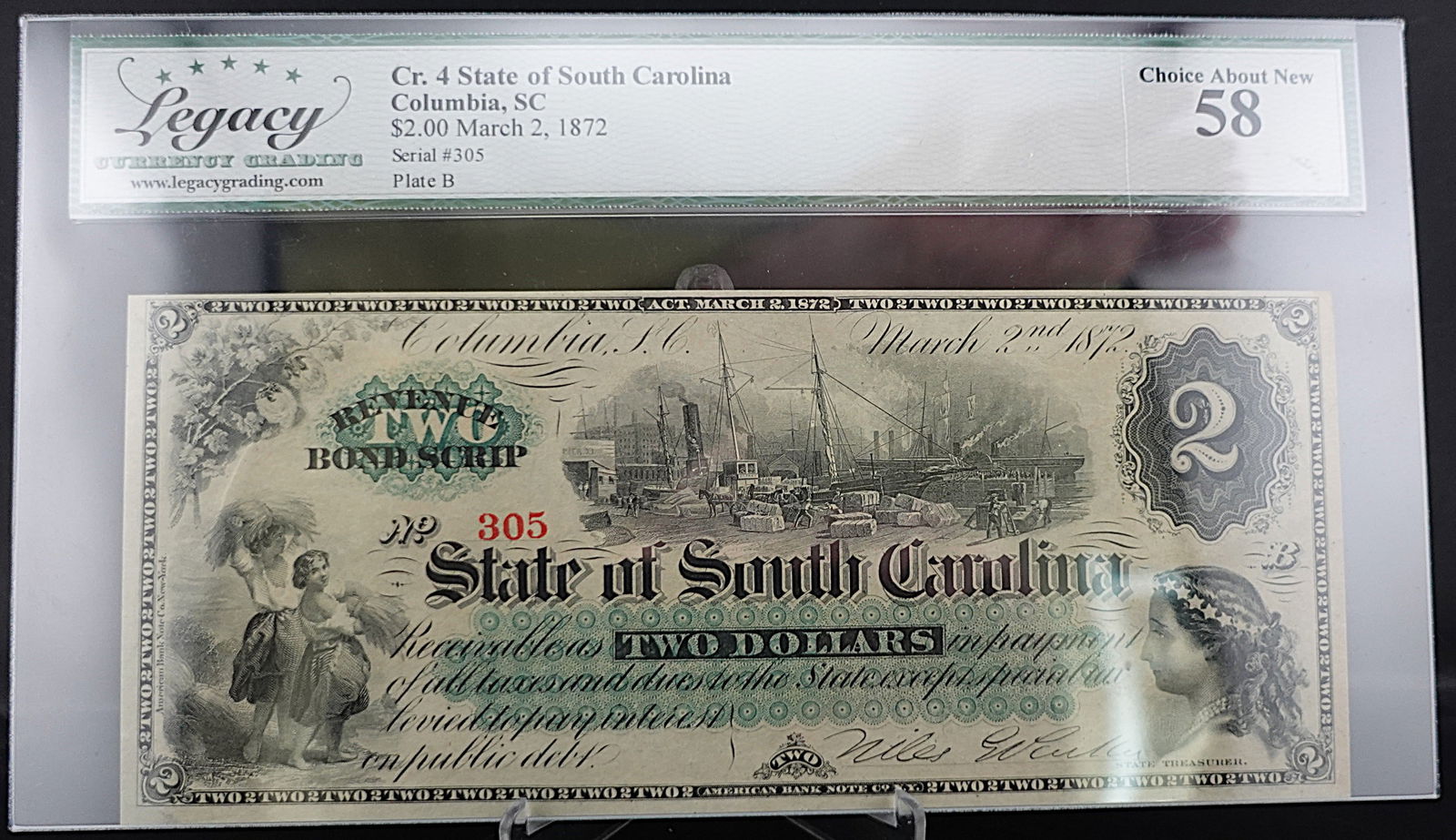 1872 State of South Carolina, Columbia SC $2 Note: Very High Grade! Graded Choice Almost New 58! Low Estimate: 200.00 High Estimate: 300.00