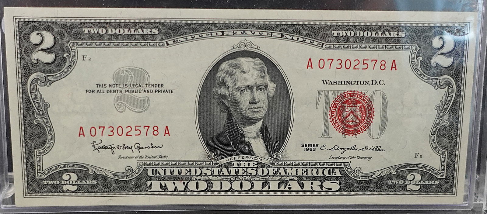 1963 $2 Red Seal Note: This note is Crisp, Well Centered and Great Corners! SN 2578 Low Estimate: 20.00High Estimate: 30.00