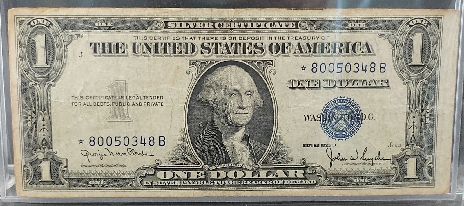 1935-D $1 Silver Certificate Star Note: Nice Early Date and Good Details! SN 0348 Low Estimate: 20.00High Estimate: 30.00