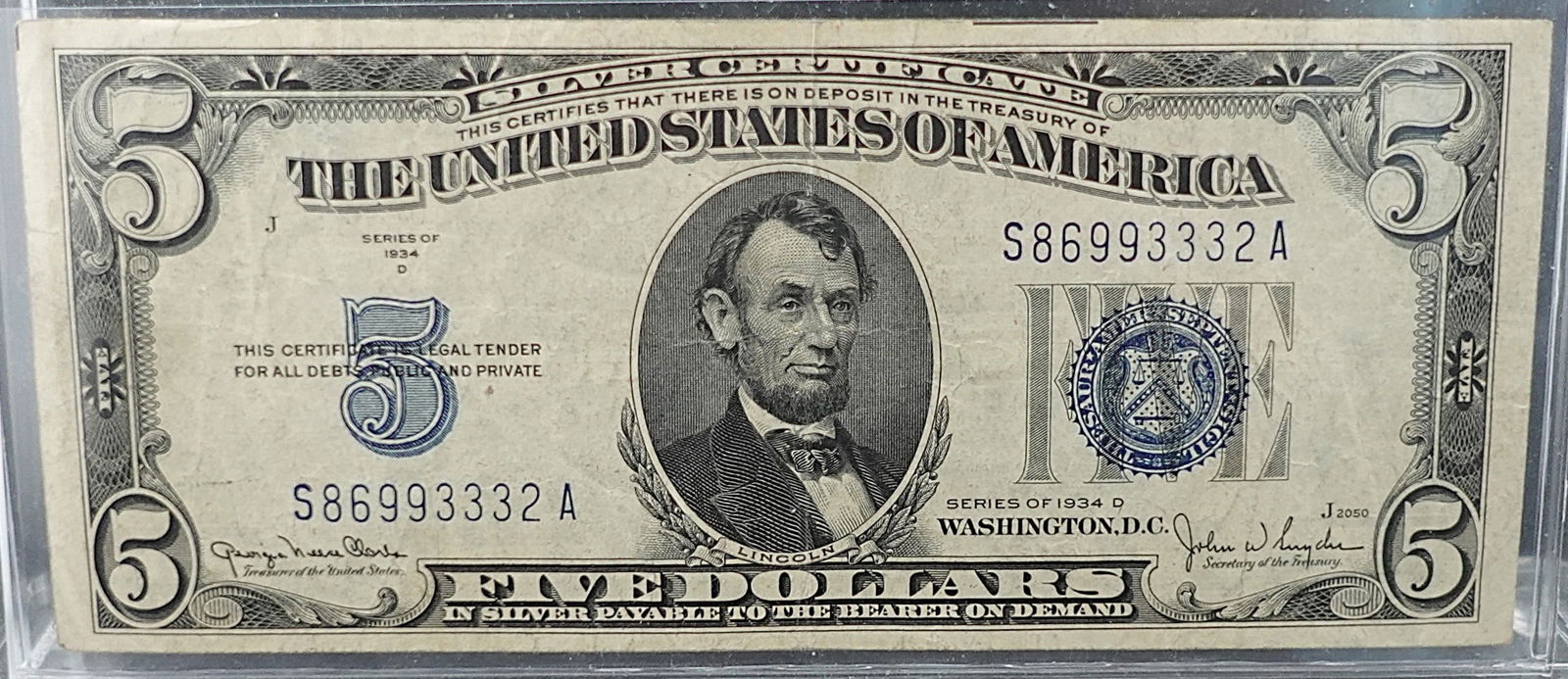 1934-D $5 Blue Seal Note: This is a Gorgeous Note with Great Details Low Estimate: 20.00High Estimate: 30.00