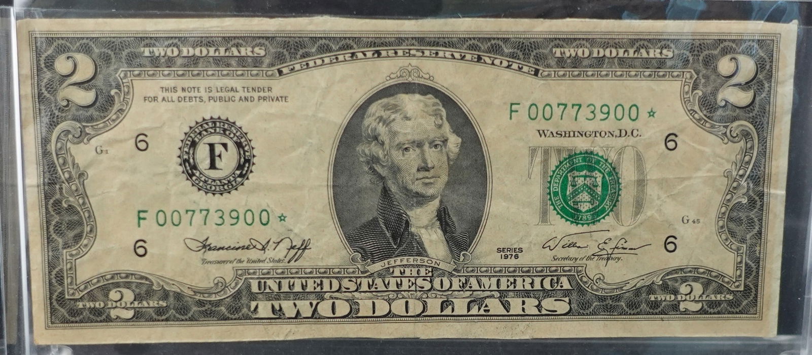 1976 $2 Star Note: This is a nice date with a unique Serial Number. SN 3900 Low Estimate: 10.00 High Estimate: 20.00