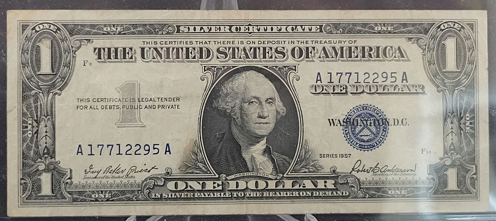 1957 A $1 Silver Certificate: This is a Nice Grade Note! Great Cut and Corners! Low Estimate: 20.00 High Estimate: 40.00