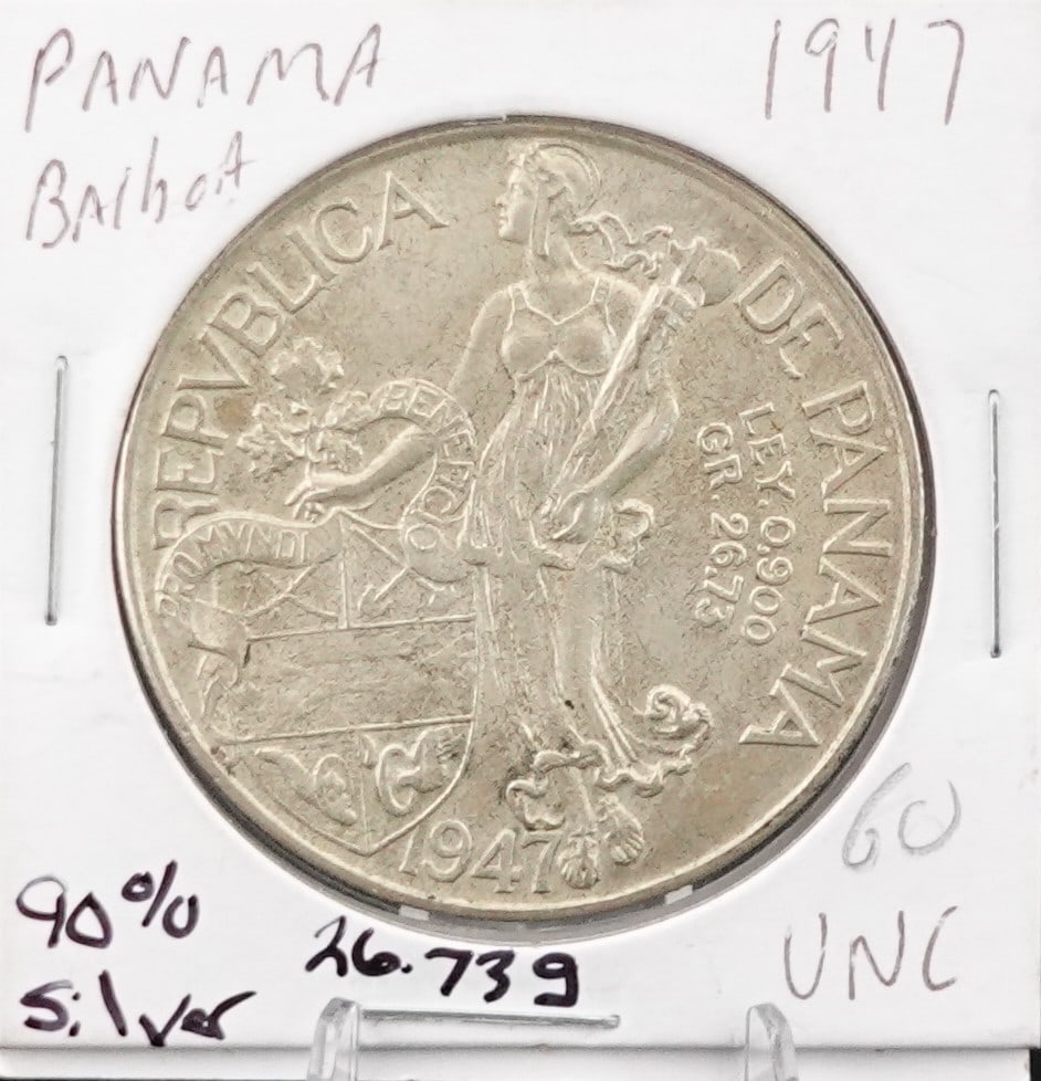 1947 Panama Balboa Silver Coin: This is a Very High Grade Coin! 90% Silver and Weighs 26.73g Low Estimate: 150.00High Estimate: 200.00