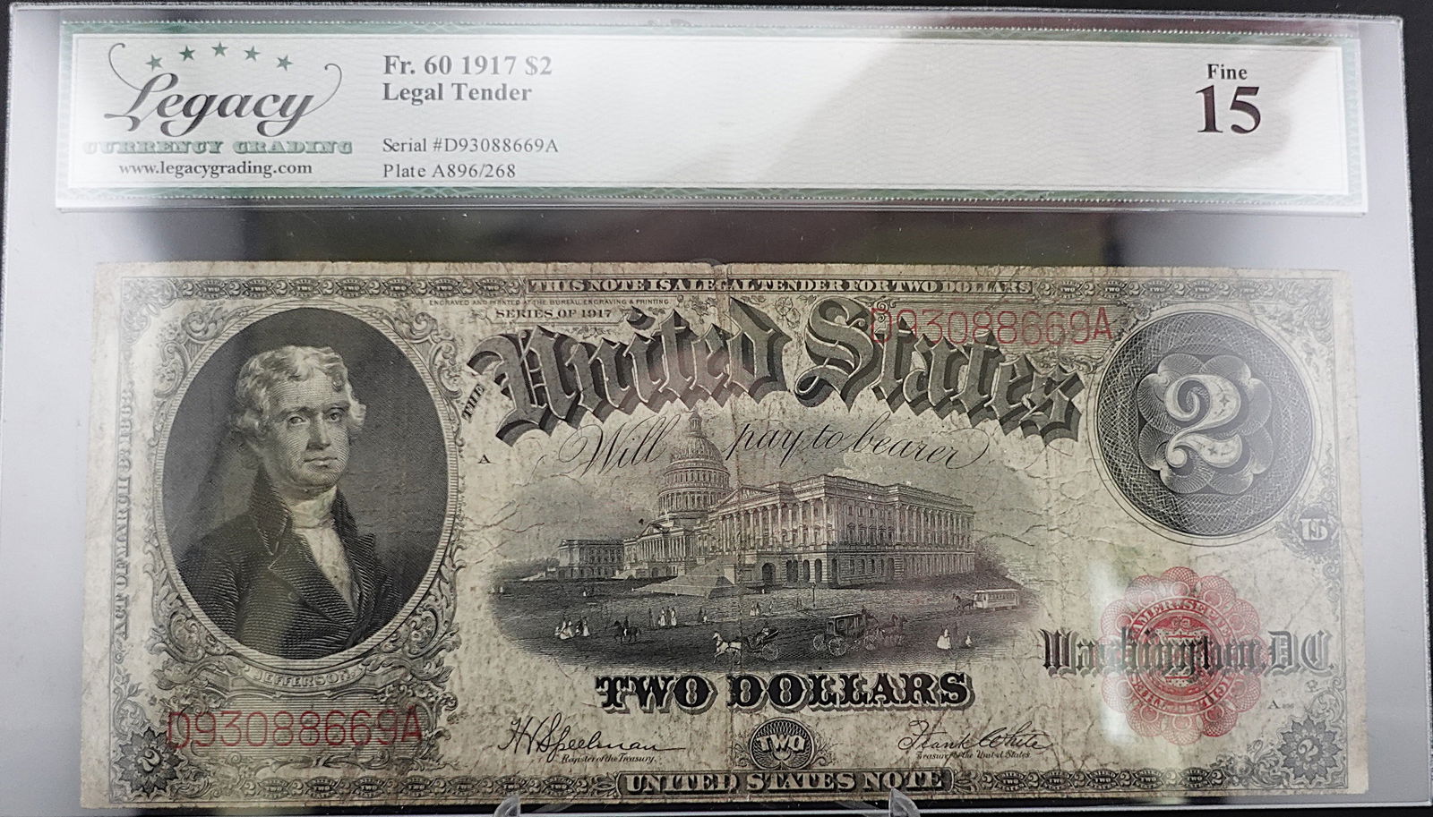 1917 Fr. 60 $2 Legal Tender Note: Really Nice Details Low Estimate: 175.00High Estimate: 200.00