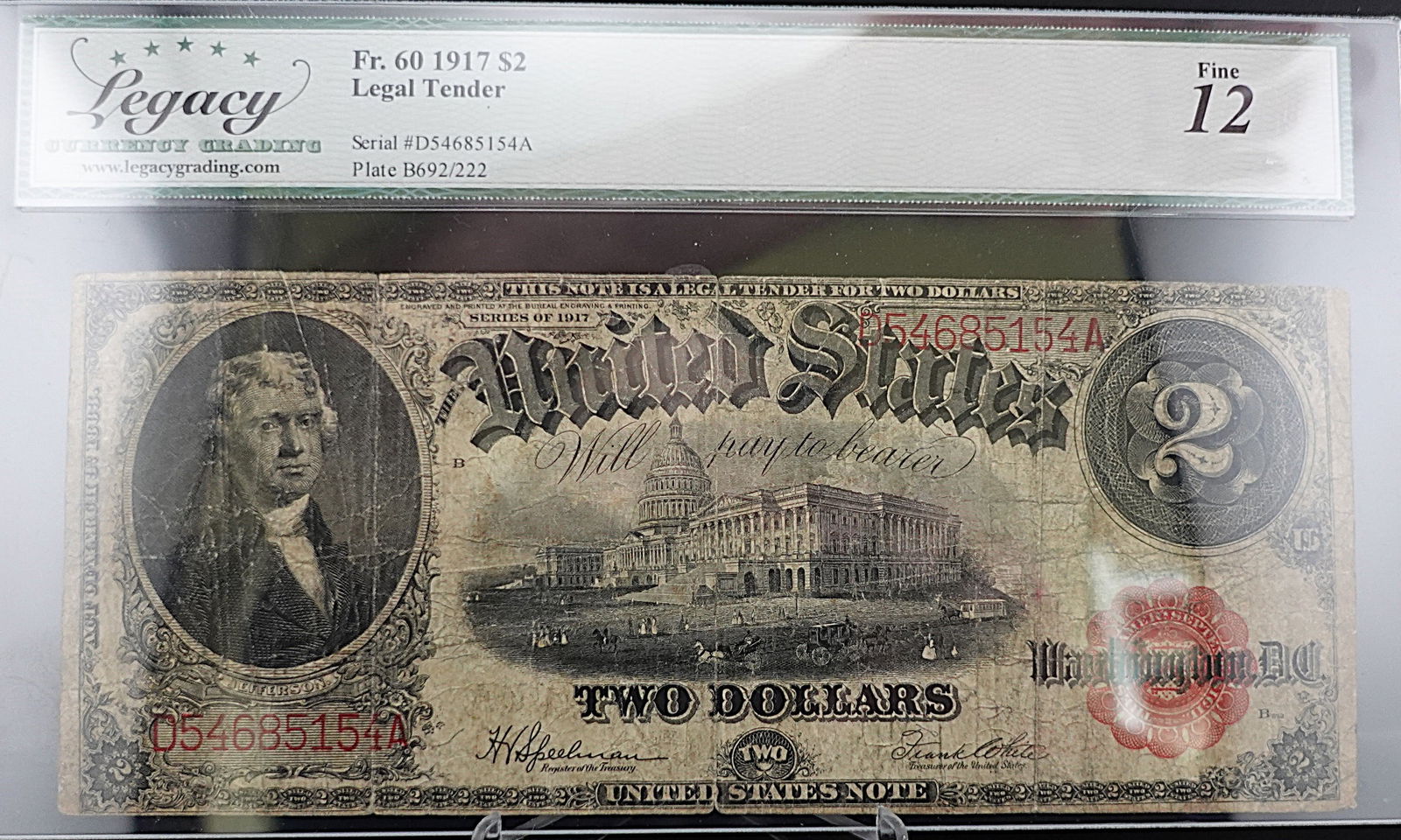 1917 Fr. 60 $ 2 Legal Tender Note: Nice Details Low Estimate: 150.00High Estimate: 200.00