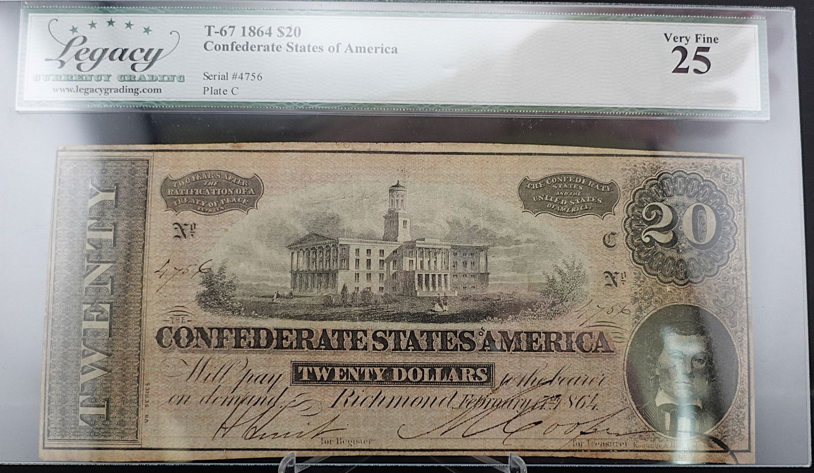1864 $20 Confederate States of America: This is graded VF 25 Low Estimate: 200.00High Estimate: 250.00