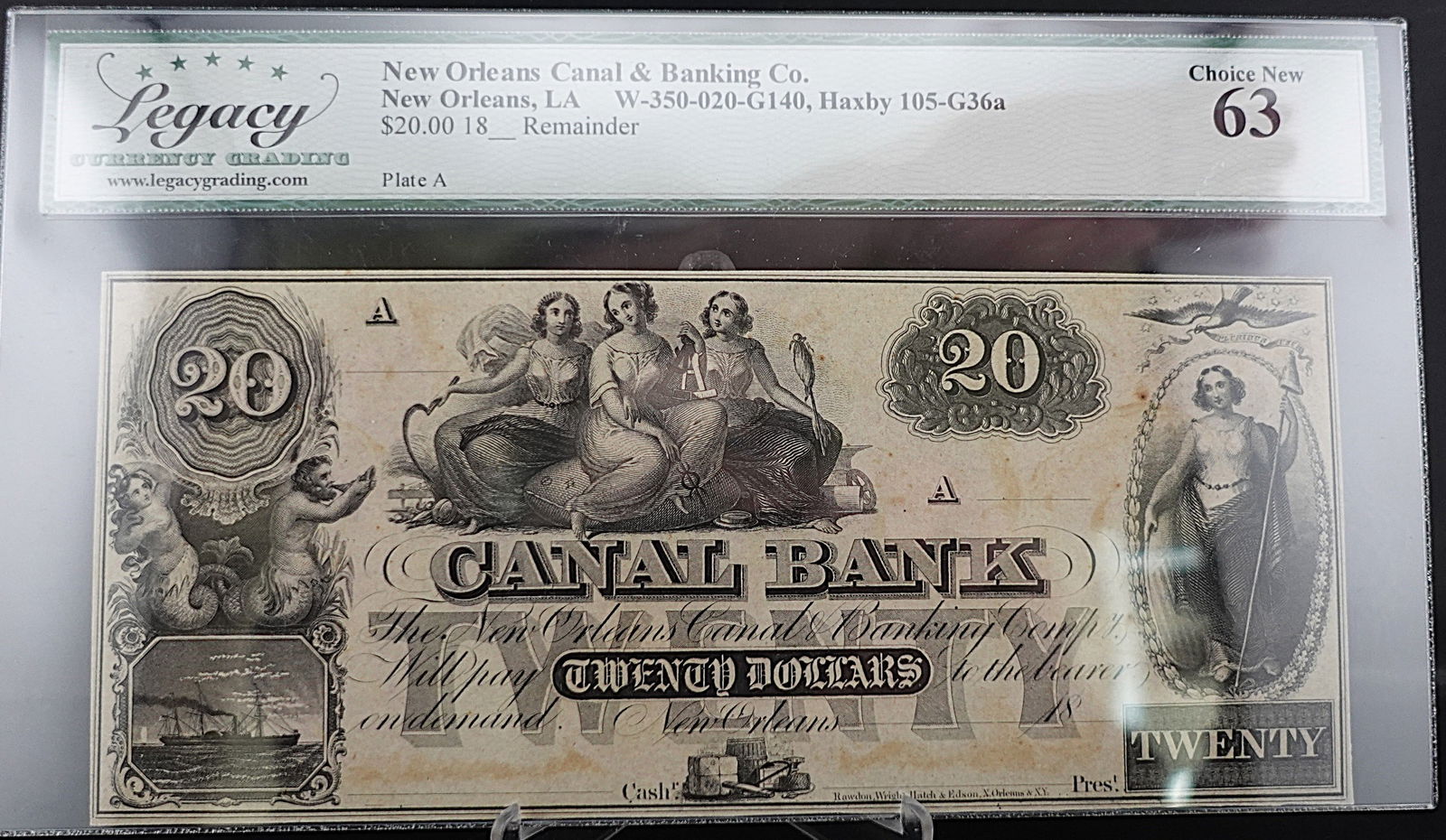 1800's New Orleans Canal and Banking Co. New Orleans, LA $20 Note: This is a great note! Graded Choice New 63 Low Estimate: 150.00High Estimate: 200.00
