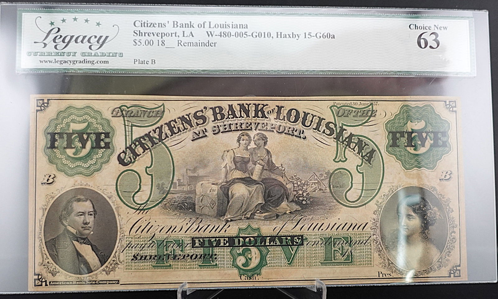 1800's Citizen's' Bank of Louisiana, Shreveport LA: This note is Graded Choice New 63 Low Estimate: 150.00High Estimate: 200.00