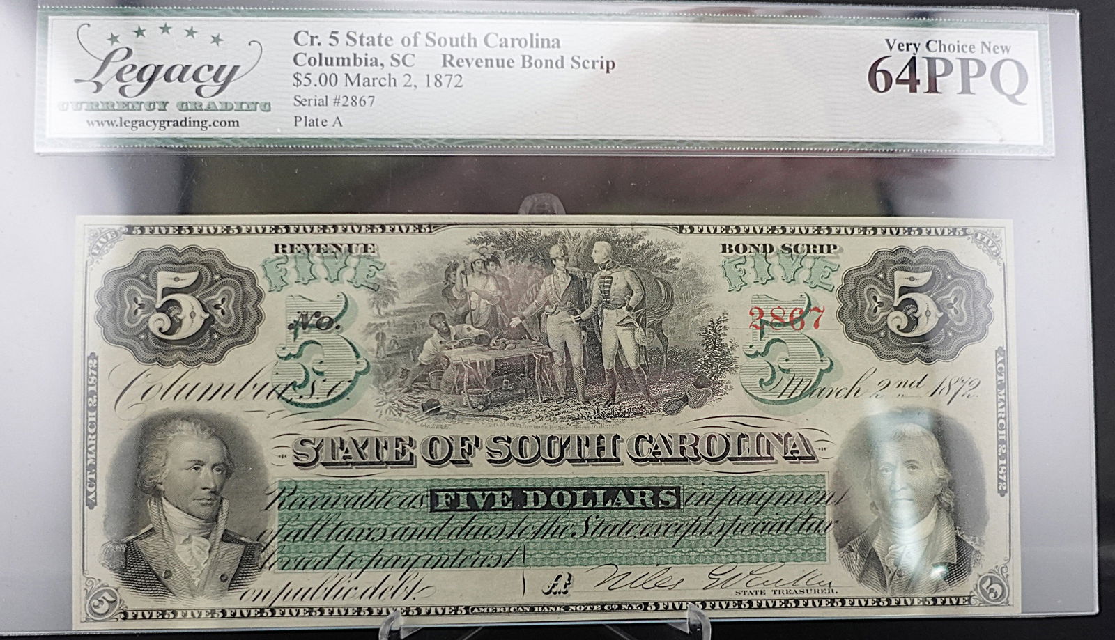 1872 State of South Carolina, Columbia SC: Gorgeous Note! Graded Very Choice New 64PPQ Low Estimate: 250.00High Estimate: 300.00