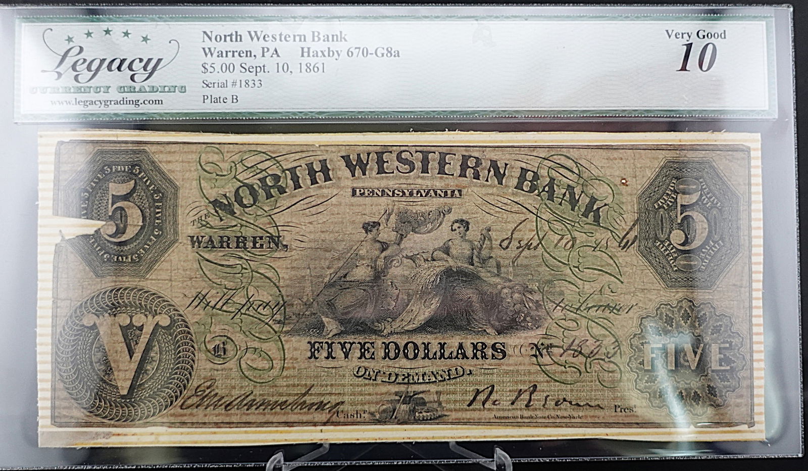 1861 North Western Bank, Warren PA Bank Note: This is a very hard to find note. Graded VG10 Low Estimate: 150.00High Estimate: 200.00