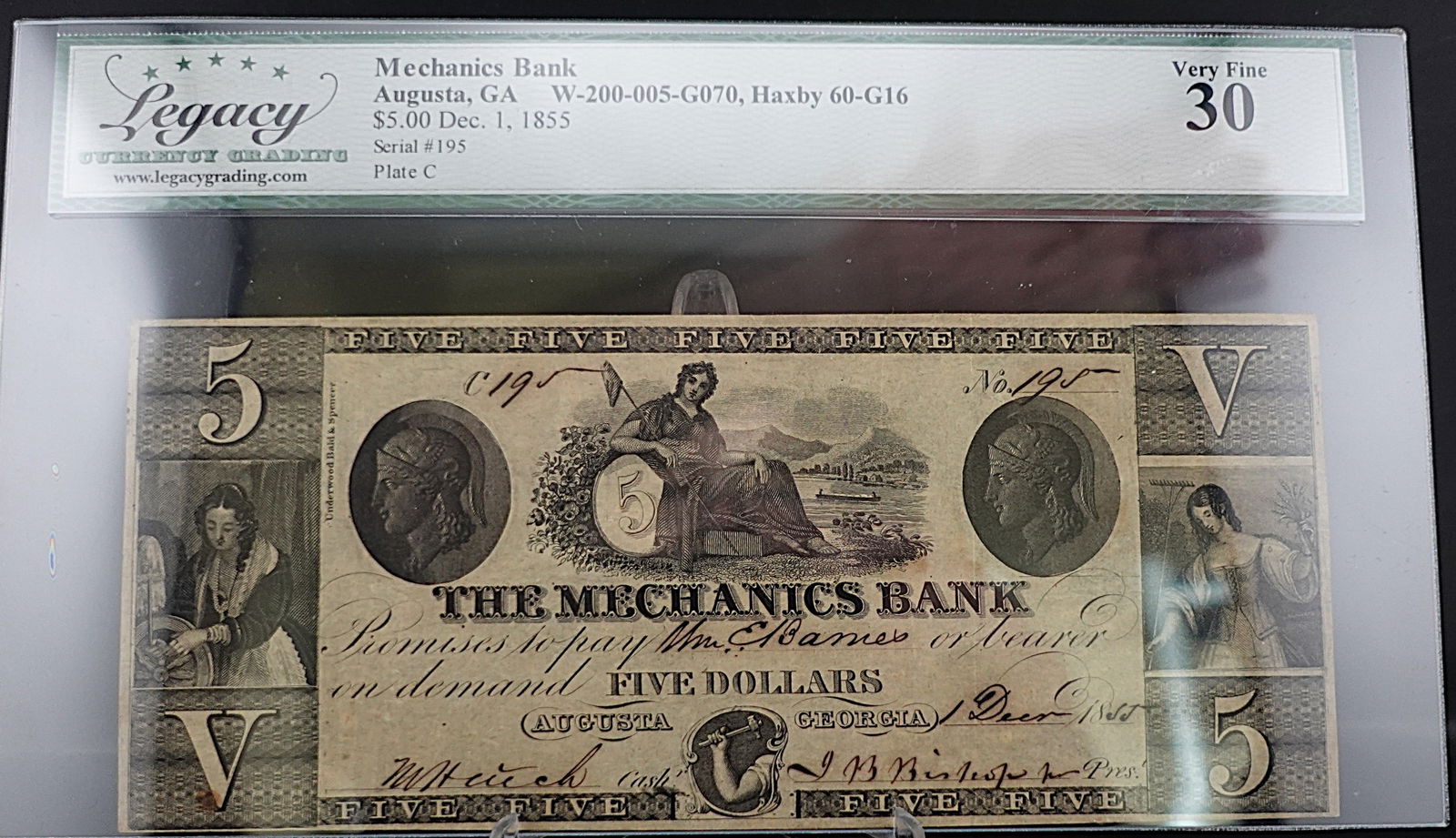 1855 Mechanic Bank, Augusta GA $5 Note: This is a great note! Graded VF30 Low Estimate: 150.00High Estimate: 200.00