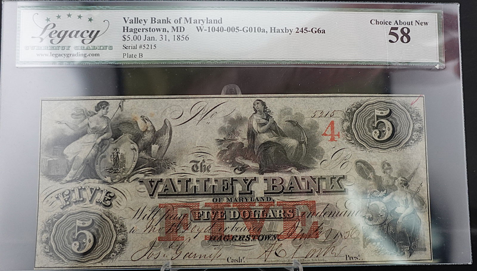 1856 Valley Bank of Maryland Hagerstown MD. $5 Note: High Quality Note! Graded Choice About New 58 Low Estimate: 200.00High Estimate: 250.00