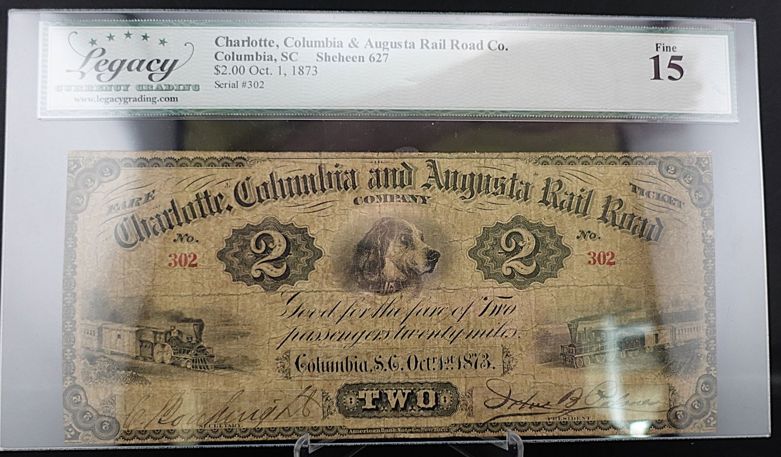 1873 Charlotte, Columbia and Augusta Rail Road Company $2 Note: Great Details on a hard to find note! Graded Fine 15 Low Estimate: 200.00High Estimate: 300.00