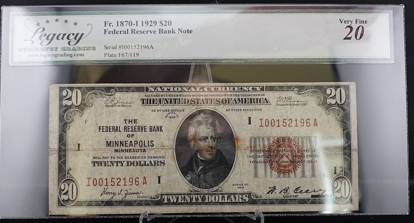 1929 $20 Federal Reserve of Minneapolis, MN Note: Great Note! Graded Very Fine 20 Low Estimate: 150.00High Estimate: 200.00