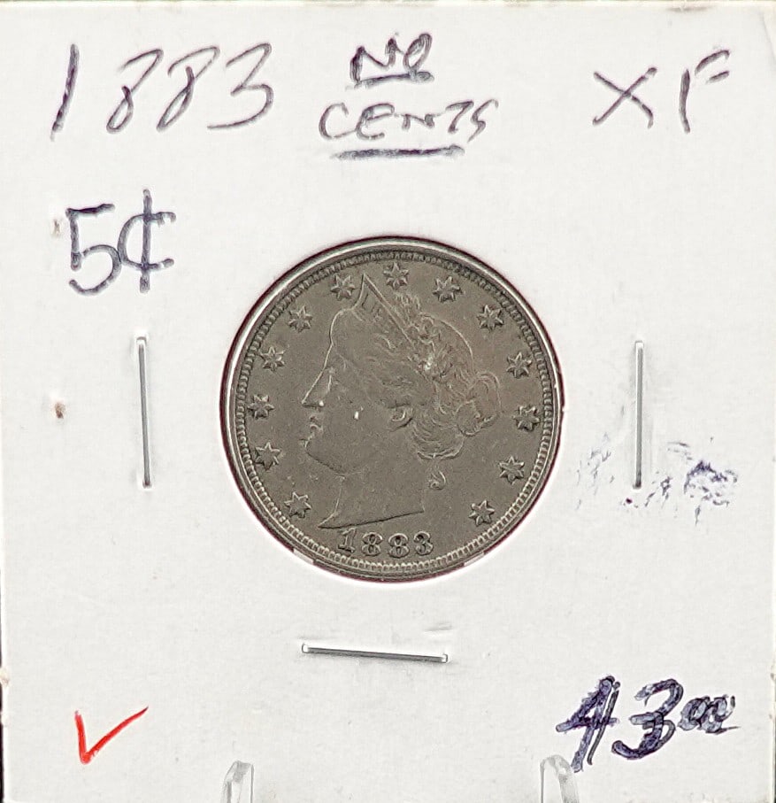 1883 V Nickel: This is the No Cents Variety in a Very High Grade Coin! 
