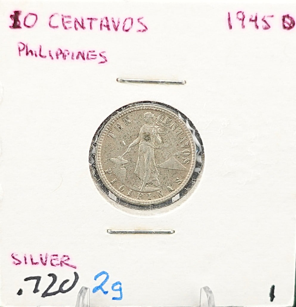 1945-D 10 Centavos Philippian's Silver Coin: Weight is 2g of .720 Silver