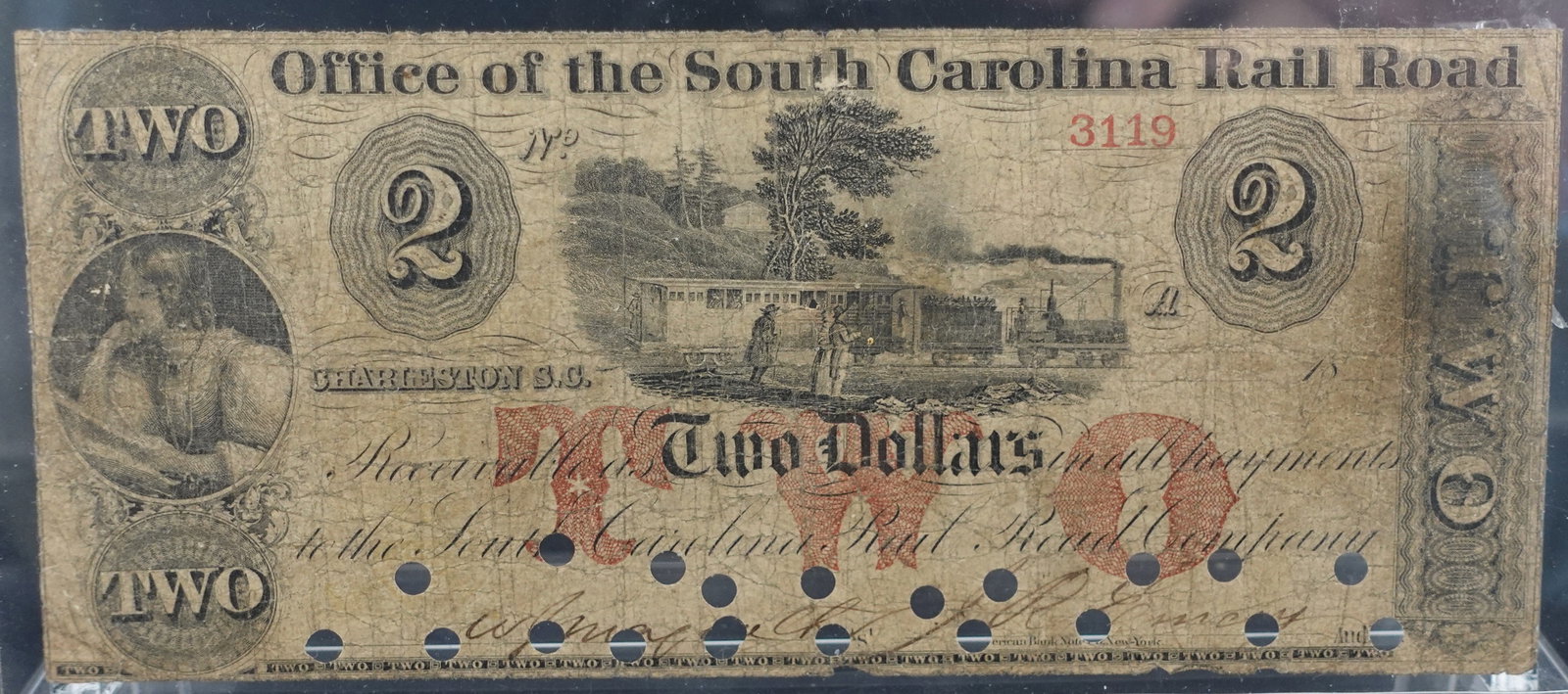 1870's $2 South Carolina Rail Road Note: Rare Note! 