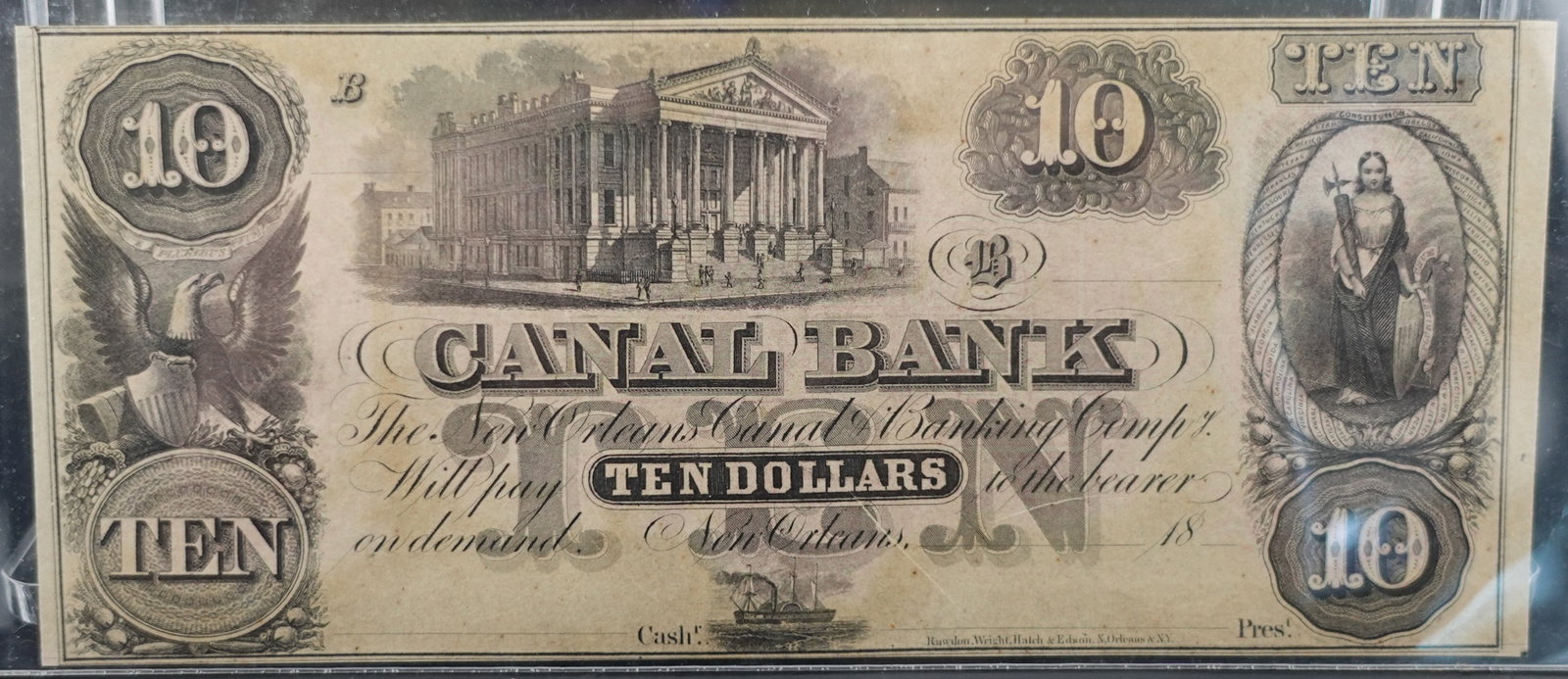 1800's $10 Canal Bank of New Orleans Note: Gorgeous Note! Year: 1800Low Estimate: 80.00High Estimate: 120.00