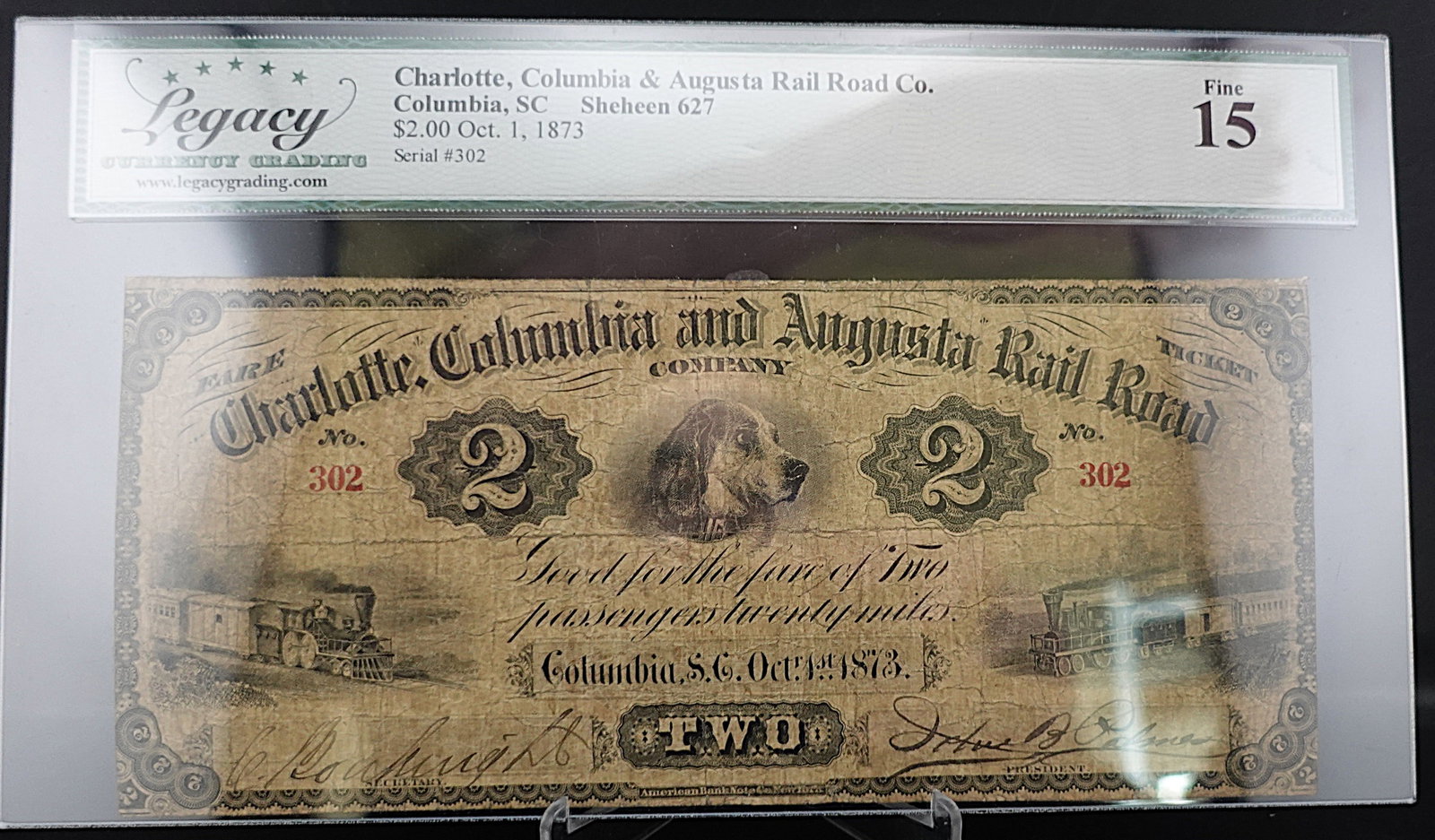1873 Charlotte, Columbia and Augusta Rail Road Company $2 Note: Great Details on a hard to find note! Graded Fine 15 