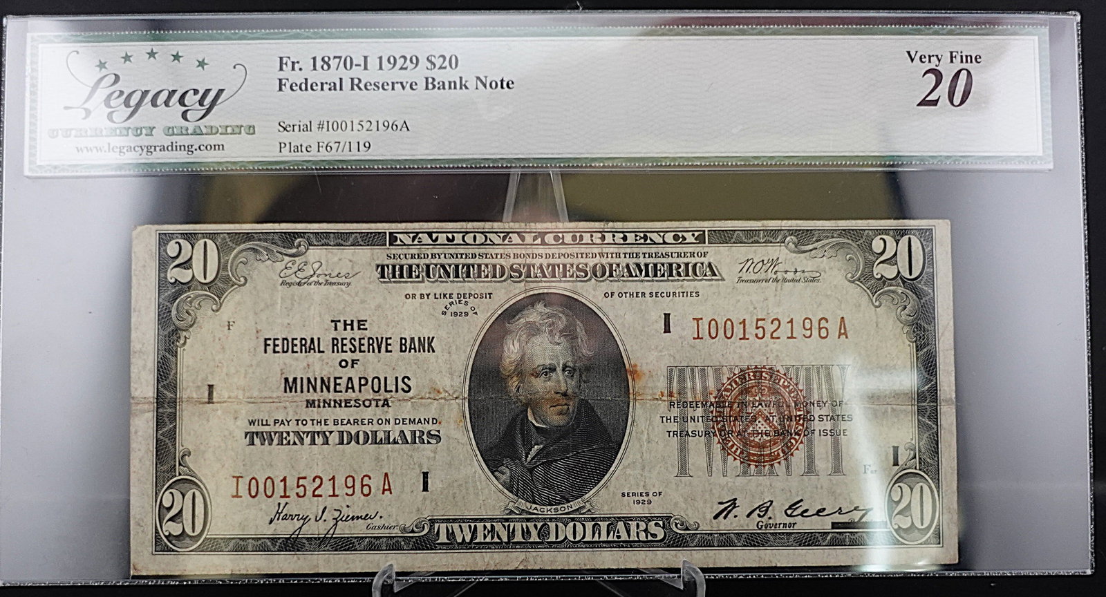 1929 $20 Federal Reserve of Minneapolis, MN Note: Great Note! Graded Very Fine 20 