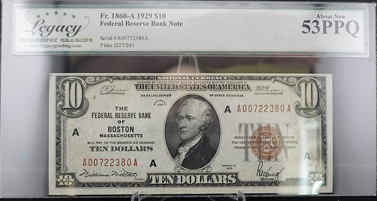 1860-A 1929 $10 Federal Reserve Bank of Boston, MA Note: Excellent note! Hard to find! Graded About New 53 (Premium Paper Quality) 