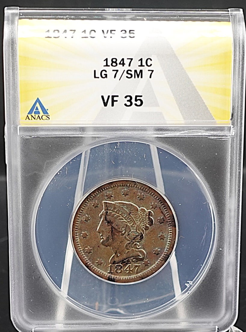 1847 Braided Hair Large Cent: This is the RARE Large 7 and Small 7 Variety High Estimate: 400 Low Estimate: 300