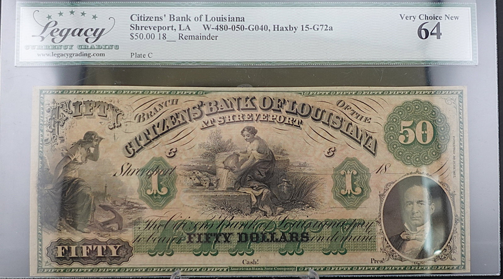 1800's Citizens' Bank of Louisianan, Shreveport LA: This is Graded Very Choice New 64! Low Estimate: 300.00 High Estimate: 400.00